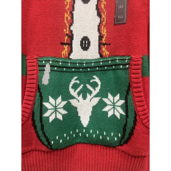 Ugly Christmas Sweater Mens Large Kitschy Santa Suit Pouch Holiday Pullover Knit - Picture 2 of 4